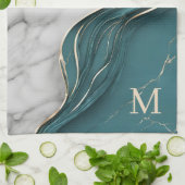Elegant Monogram Donker Blauwgroen Goud Marmer Theedoek (Gevouwen)