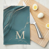 Elegant Monogram Donker Blauwgroen Goud Marmer Theedoek (Quarter Fold)