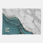 Elegant Monogram Donker Blauwgroen Goud Marmer Theedoek (Horizontaal)