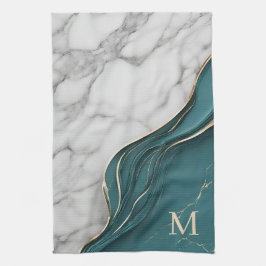 Elegant Monogram Donker Blauwgroen Goud Marmer Theedoek