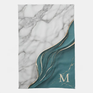 Elegant Monogram Donker Blauwgroen Goud Marmer Theedoek