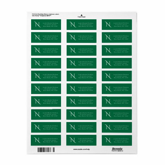 Elegant Monogram Donker Groen Retouradres Etiket (Full Sheet)