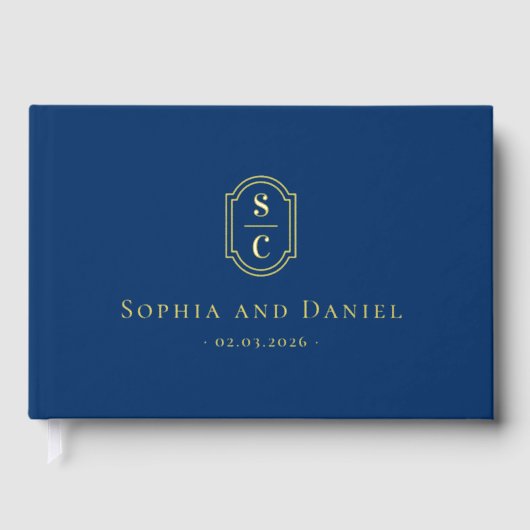 Elegant monogram donkerblauw bruiloft namen datum  gastenboek (Voorkant)