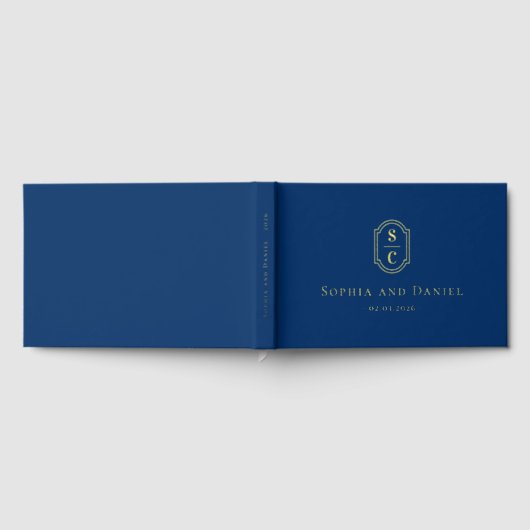 Elegant monogram donkerblauw bruiloft namen datum  gastenboek (Volledig)