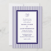 Elegant Monogram Donkerblauwe Gestreepte Trouw Kaart (Voorkant)