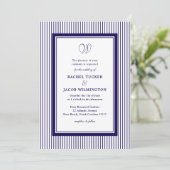Elegant Monogram Donkerblauwe Gestreepte Trouw Kaart (Staand voorkant)