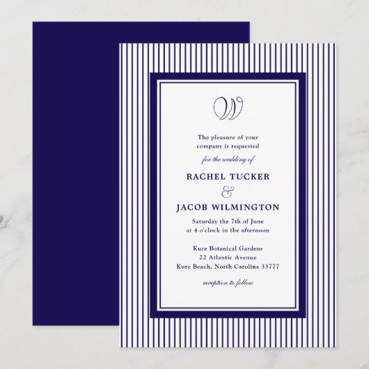 Elegant Monogram Donkerblauwe Gestreepte Trouw Kaart (Voorkant / Achterkant)