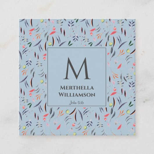 Elegant MONOGRAM Dusky Blue Floral Vierkante Visitekaartje (Voorkant)