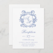 Elegant monogram Dusty Blue Crest receptie Informatiekaartje (Voorkant / Achterkant)