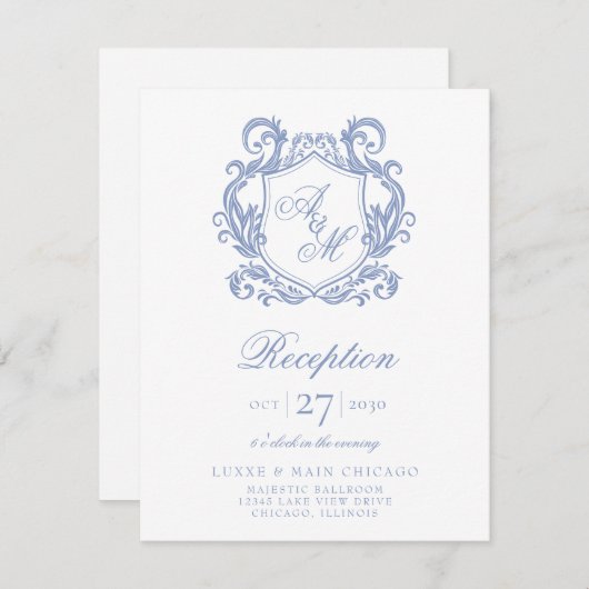 Elegant monogram Dusty Blue Crest receptie Informatiekaartje (Voorkant / Achterkant)
