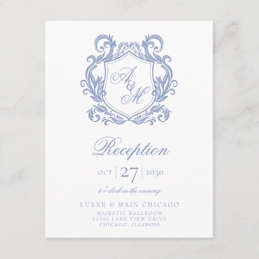 Elegant monogram Dusty Blue Crest receptie Informatiekaartje (Voorkant)
