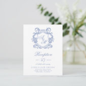 Elegant monogram Dusty Blue Crest receptie Informatiekaartje (Staand voorkant)