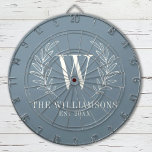 Elegant Monogram Dusty Blue Family Name Dartbord<br><div class="desc">This blue and white dart board is decorated with a laurel leaf monogram and your name and wedding date. A fun addition to your home decor. Makes a great gift for weddings and anniversaries. Personalize it with your Initial,  name and wedding date. Designed for you by Blackberry Boulevard.</div>