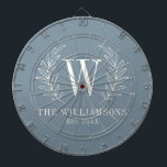 Elegant Monogram Dusty Blue Family Name Dartbord<br><div class="desc">This blue and white dart board is decorated with a laurel leaf monogram and your name and wedding date. A fun addition to your home decor. Makes a great gift for weddings and anniversaries. Personalize it with your Initial,  name and wedding date. Designed for you by Blackberry Boulevard.</div>
