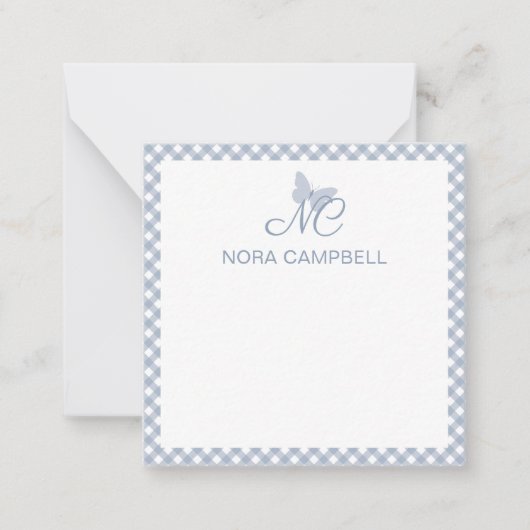 Elegant monogram Dusty Blue Gingham gepersonalisee Notitiekaartje (Voorkant)