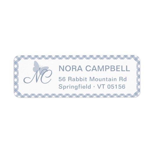 Elegant monogram Dusty Blue Gingham retouradres Etiket (Voorkant)