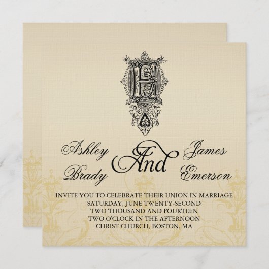 Elegant  Monogram E Wedding Invitaties Kaart (Voorkant / Achterkant)