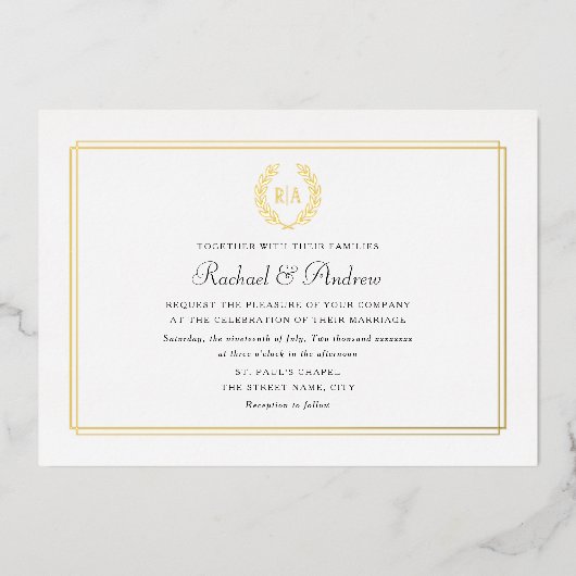 Elegant Monogram Echte Gouden Folie Trouwkrans Folie Uitnodiging (Voorkant)