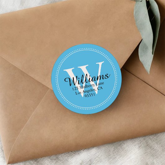 Elegant Monogram Effen Blauwe Retouradres Ronde Sticker