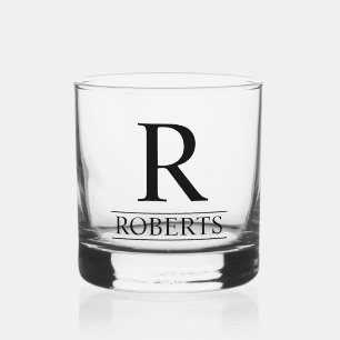 Elegant monogram en achternaam bruiloft whisky glas