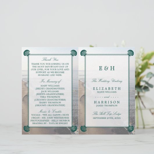 Elegant monogram en Blauwgroen Scallop Beach Wedde (Staand voorkant)