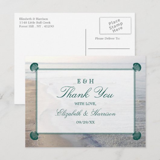 Elegant monogram en Blauwgroen Scallop Beach Wedde Briefkaart (Voorkant / Achterkant)
