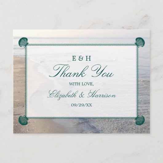 Elegant monogram en Blauwgroen Scallop Beach Wedde Briefkaart (Voorkant)