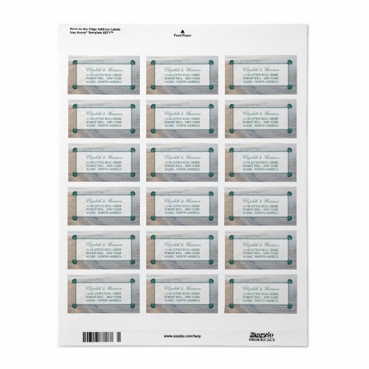 Elegant monogram en Blauwgroen Scallop Beach Wedde Etiket (Full Sheet)