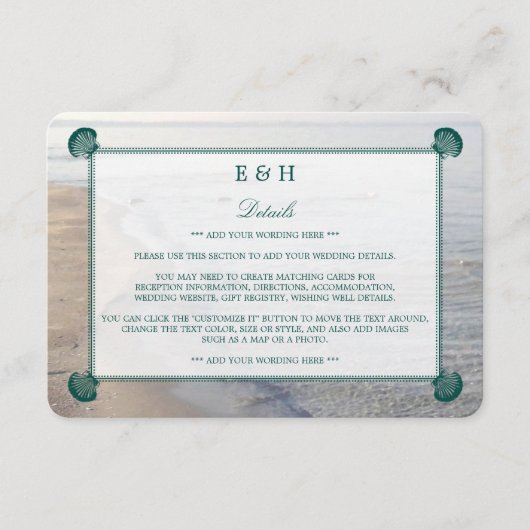 Elegant monogram en Blauwgroen Scallop Beach Wedde Informatiekaartje (Voorkant)