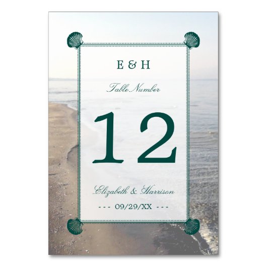 Elegant monogram en Blauwgroen Scallop Beach Wedde Kaart (Voorkant)