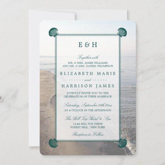 Elegant monogram en Blauwgroen Scallop Beach Wedde Kaart (Voorkant)