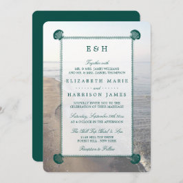 Elegant monogram en Blauwgroen Scallop Beach Wedde Kaart