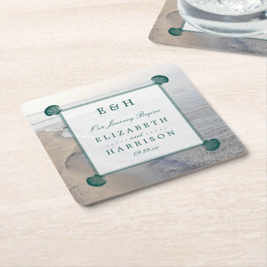 Elegant monogram en Blauwgroen Scallop Beach Wedde Kartonnen Onderzetters (Schuin)