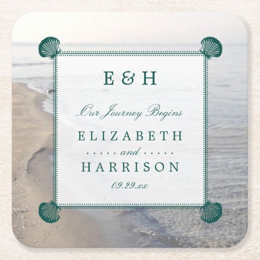 Elegant monogram en Blauwgroen Scallop Beach Wedde Kartonnen Onderzetters (Voorkant)