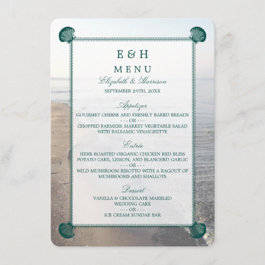 Elegant monogram en Blauwgroen Scallop Beach Wedde Menu (Voorkant)