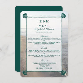 Elegant monogram en Blauwgroen Scallop Beach Wedde Menu
