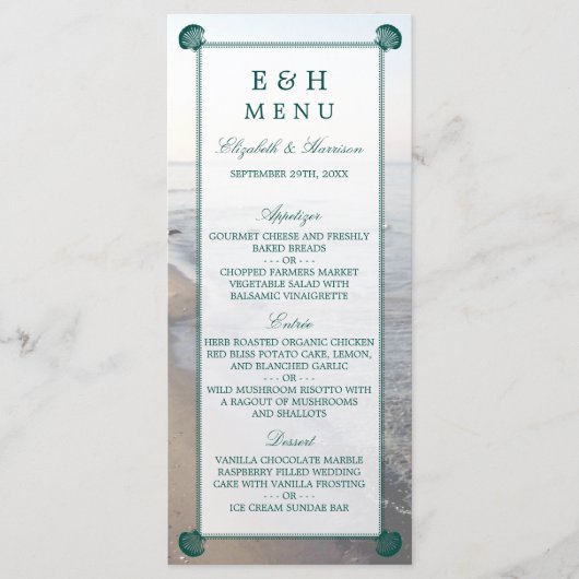 Elegant monogram en Blauwgroen Scallop Beach Wedde Menu (Voorkant)