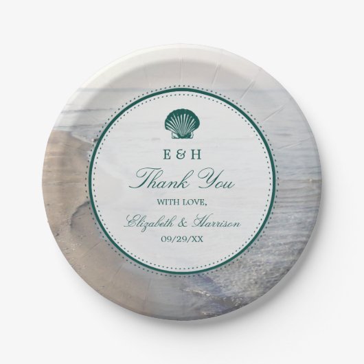 Elegant monogram en Blauwgroen Scallop Beach Wedde Papieren Bordje (Voorkant)