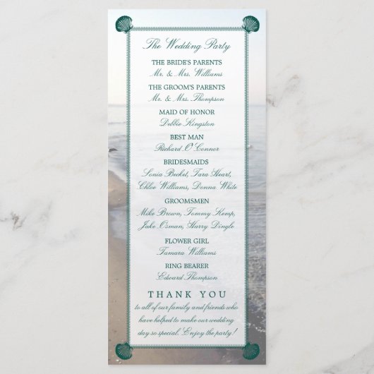 Elegant monogram en Blauwgroen Scallop Beach Wedde Programmakaart (Achterkant)