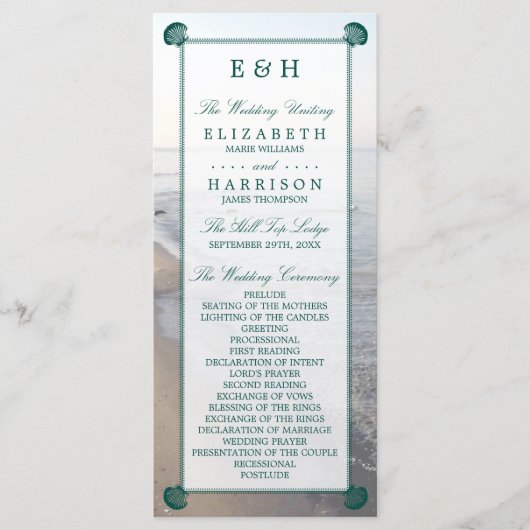 Elegant monogram en Blauwgroen Scallop Beach Wedde Programmakaart (Voorkant)