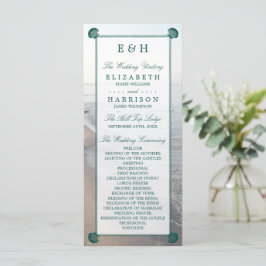 Elegant monogram en Blauwgroen Scallop Beach Wedde Programmakaart