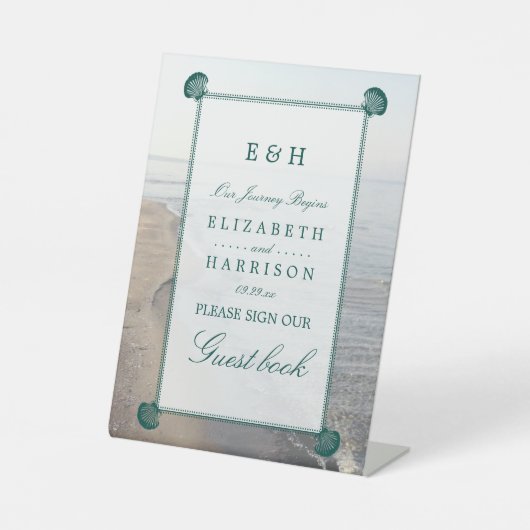 Elegant monogram en Blauwgroen Scallop Beach Wedde Reclamebord Met Voetstuk (Voorkant)