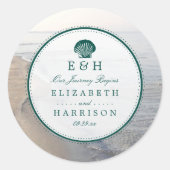 Elegant monogram en Blauwgroen Scallop Beach Wedde Ronde Sticker (Voorkant)