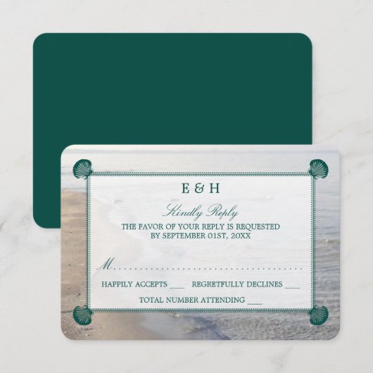 Elegant monogram en Blauwgroen Scallop Beach Wedde RSVP Kaartje (Voorkant / Achterkant)