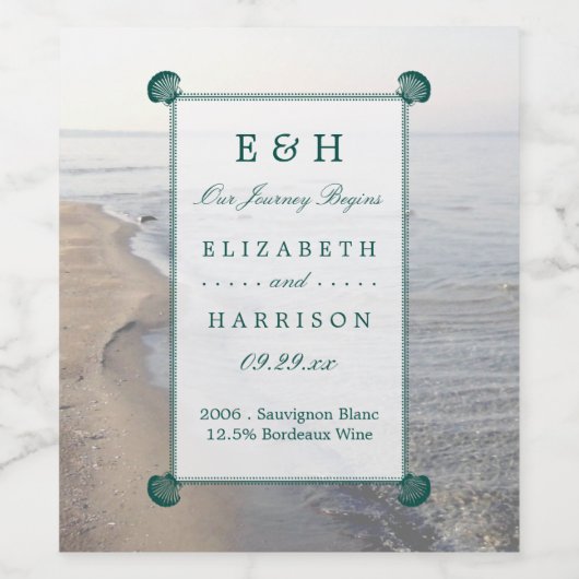 Elegant monogram en Blauwgroen Scallop Beach Wedde Wijn Etiket (Enkel label)