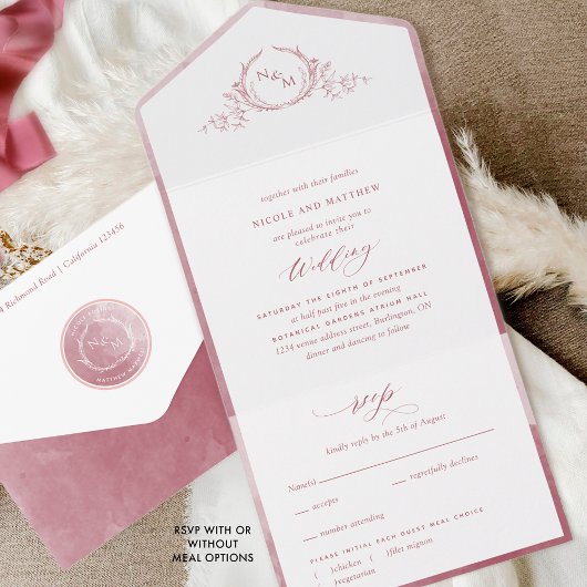 Elegant Monogram en Burgundy Waterverf Wedding All In One Uitnodiging