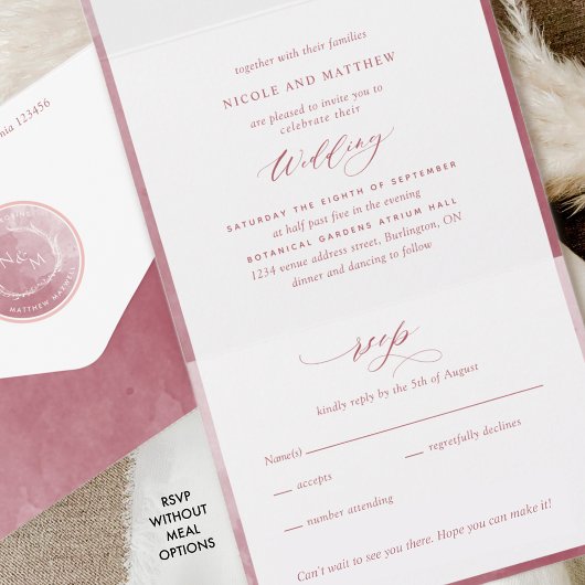 Elegant Monogram en Burgundy Waterverf Wedding All In One Uitnodiging