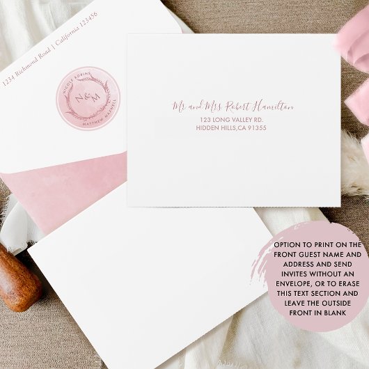 Elegant Monogram en Dusty Roos Waterverf Wedding All In One Uitnodiging