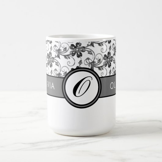 Elegant Monogram en Floral Pattern Black Koffiemok (Center)