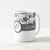 Elegant Monogram en Floral Pattern Black Koffiemok (Voorkant rechts)